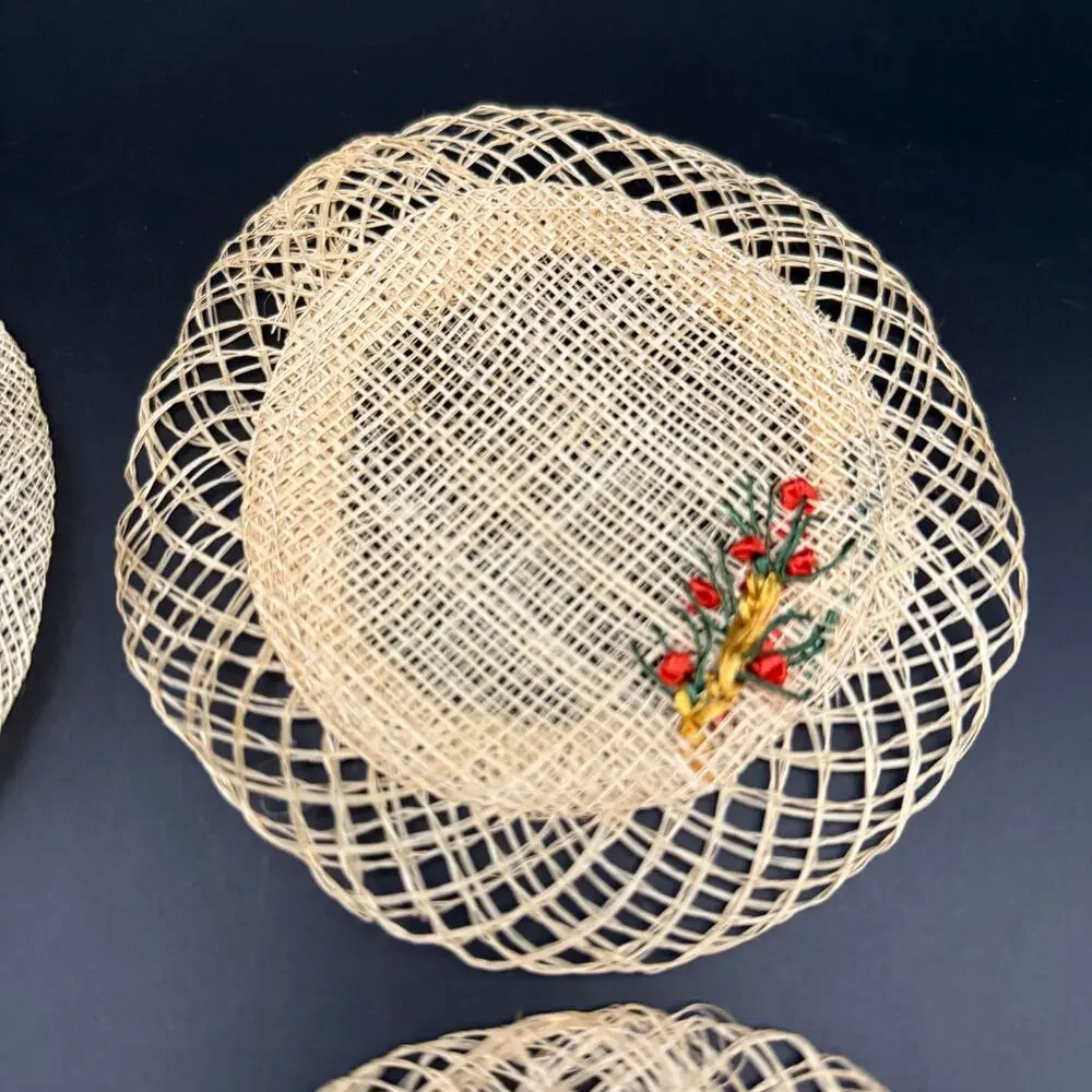 Vintage 6 Rattan Straw Lace Coasters Woven Flowers Floral